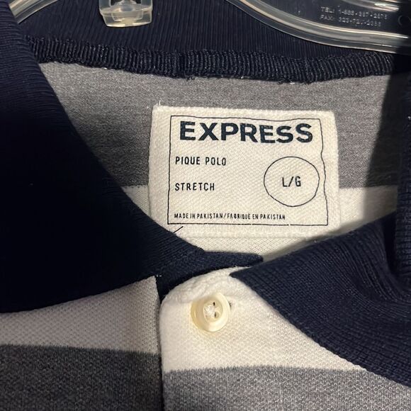 Express Mens Short Sleeve Polo Size Large Grey And White Striped - Picture 3 of 7